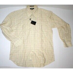 New Mens L NWT Guy Laroche Homme France Designer Shirt Yellow Brown Linen Plaid